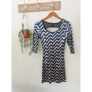 Sequin Chevron Bodycon Mini Dress Open Back Blue Silver Black Party Dress Y2K